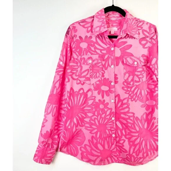 Lilly Pulitzer Womens Shirt Pink Resort Fit Button Up Floral Barbiecore Small - Picture 4 of 9